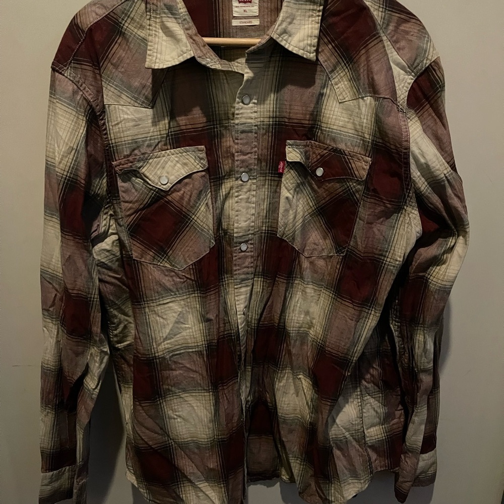 Levi's Men's Burgundy and Cream Plaid Shirt Jacket